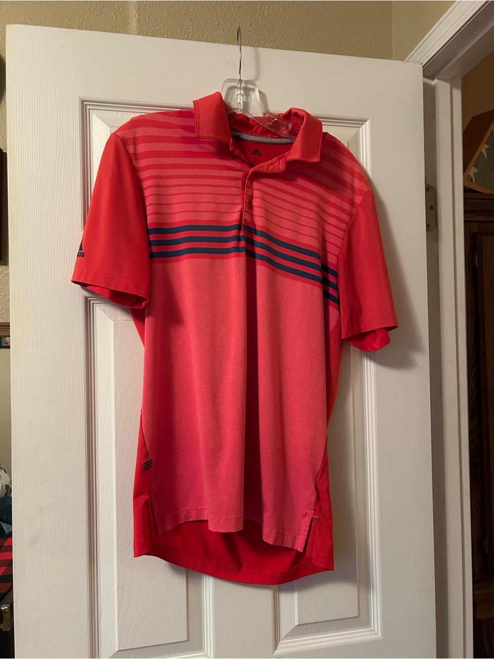 adidas Men’s Coral Red Polo with Navy Stripe
